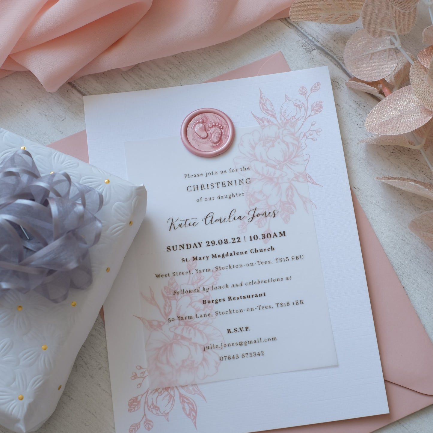Pink Peony Invite With Pearl Pink Wax Seal