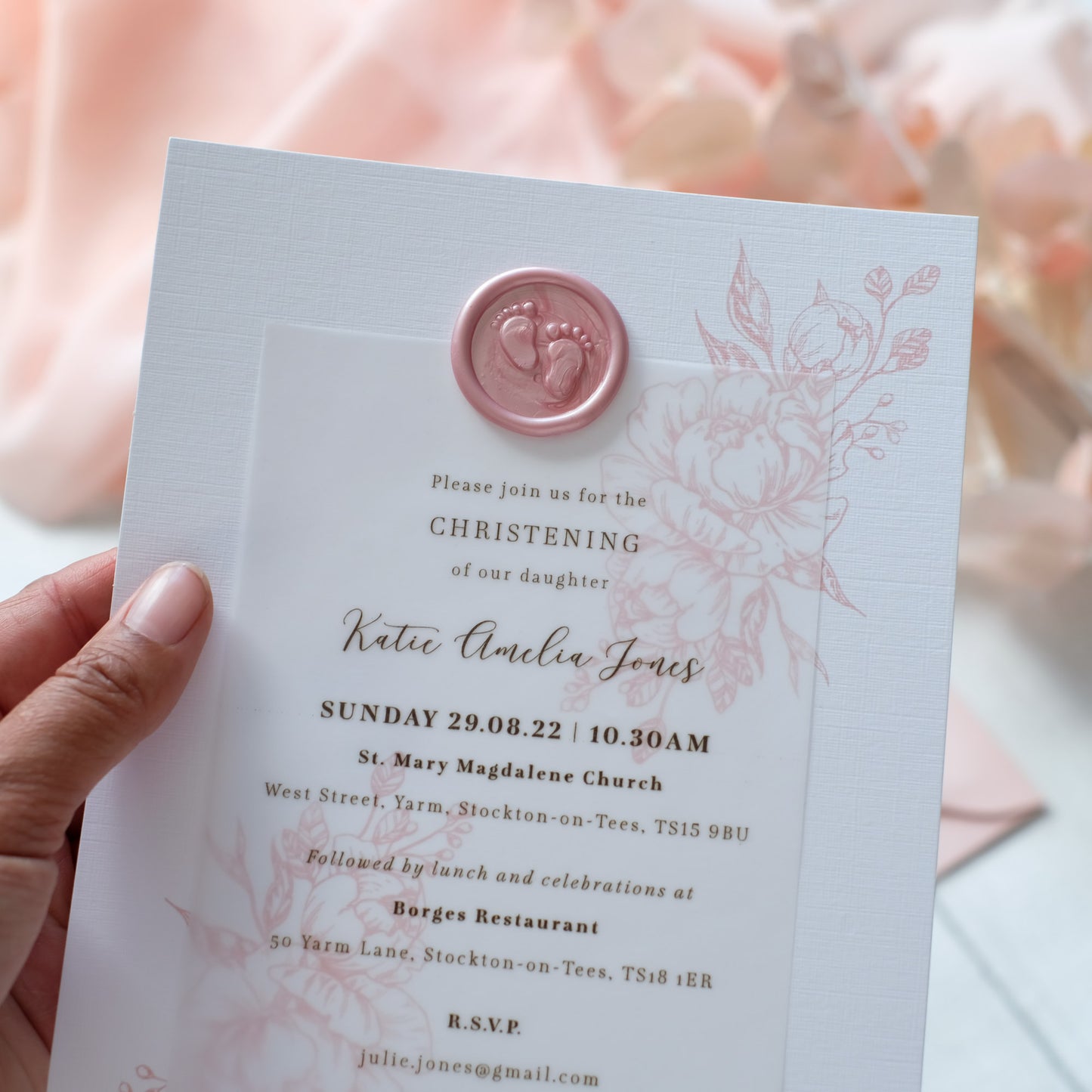 Pink Peony Invite With Pearl Pink Wax Seal