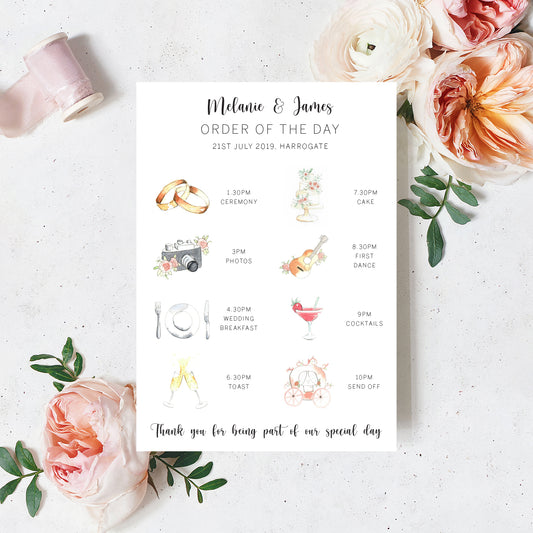 Bespoke Watercolour Illustrated Order of the Day Cards