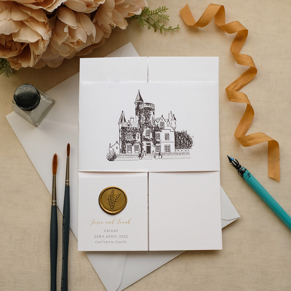Castle Invitation With Gold Wax Seal, Venue Illustration and Belly Band