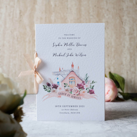 Blush Pink Order Of Service Booklet With Watercolour Illustration