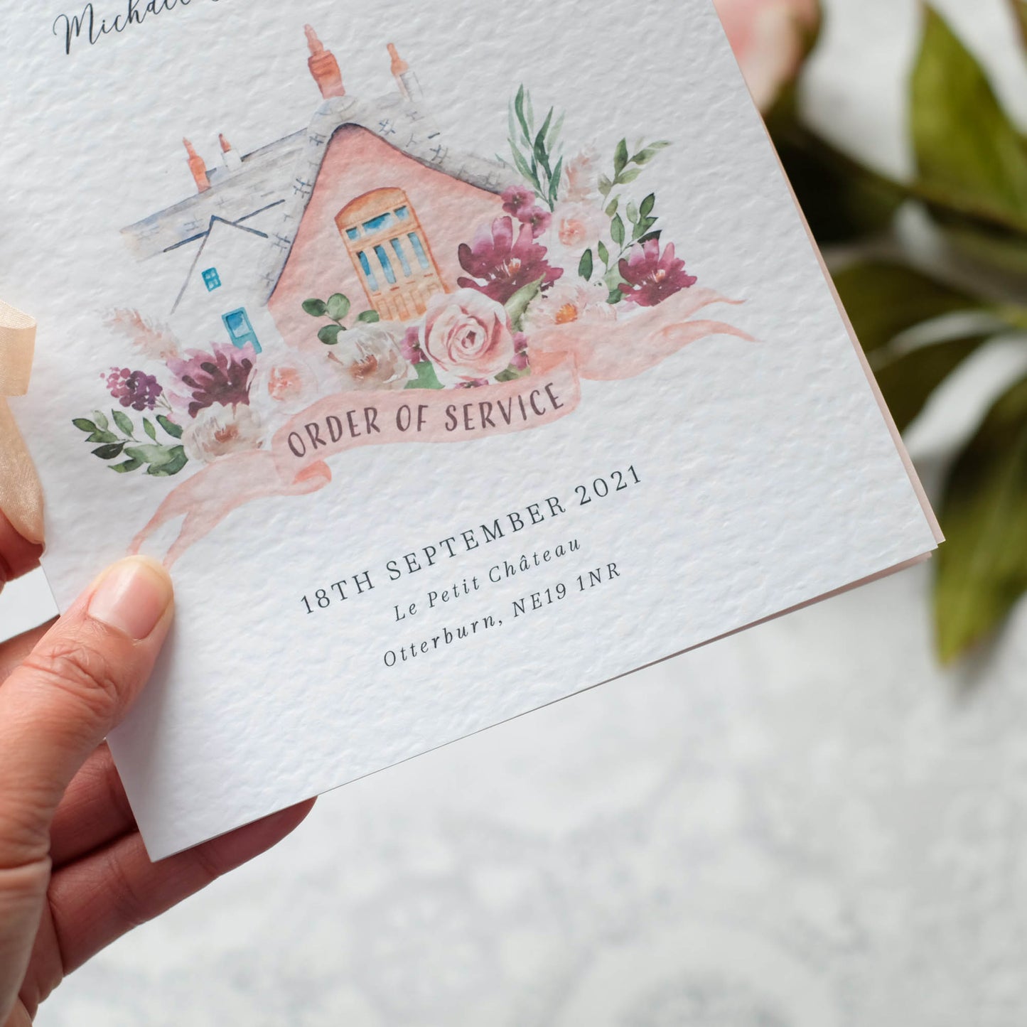 Blush Pink Order Of Service Booklet With Watercolour Illustration